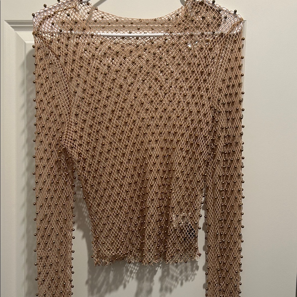Windsor Beaded Mesh Top in Tan